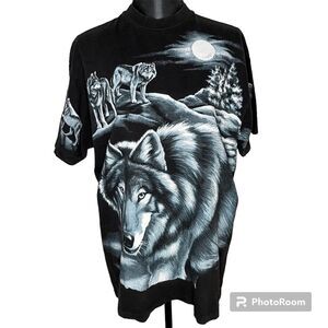 Hanes Nancy Blauers T Shirt Vintage All Over Wolf Single Stitch Black Large